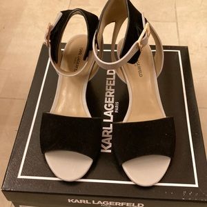 New Karl Lagerfeld Paris “Amelie” Sandals in Black and Stone - Size 6